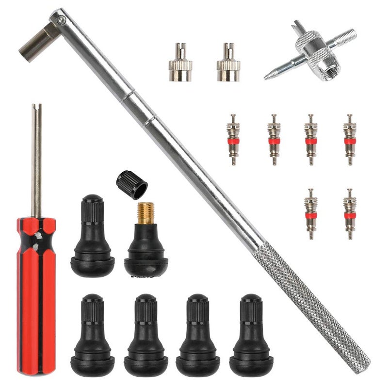 FOCCTS 17PCS Tire Valve Stem Tool Puller and Installer Kit, 6 Pcs TR412 Tubeless Tire Valve Stems with Valve Stem Cores, Single Head Tire Valve Core Remover Tire Repair Install Tool - Image 1